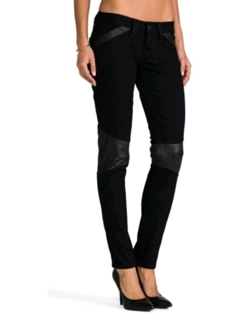 True Religion Jeans Women Black Moto Leather Skinny Denim Pants Sz 27 Inseam 29"